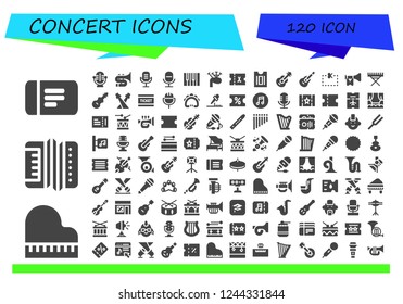 Vector icons pack of 120 filled concert icons. Simple modern icons about  - Ticket, Piano, Accordion, Microphone, Trombone, Bagpipes, Guitar, Coupon, Trumpet, Electric piano, Fiddle, Spotlight