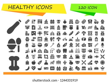 Vector icons pack of 120 filled healthy icons. Simple modern icons about  - Courgette, Bone, Boiled egg, Peanut, Pipette, Tooth, Tent, Wheat, Noodles, Beet, Dumbbell, Dental floss, Biscuit