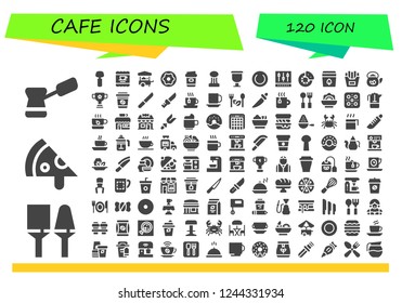 Vector icons pack of 120 filled cafe icons. Simple modern icons about  - Coffee, Utensils, Pizza, Spoon, Food cart, Donut, Cup, Plate, Mixer, Break, Tea bag, French fries, Teapot, Take away