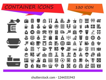 Vector icons pack of 120 filled container icons. Simple modern icons about  - Spray, Cargo ship, Cup, Cosmetics, Can, Mayonnaise, Candy jar, Test tubes, Flasks, Bottle, Thermo, Package
