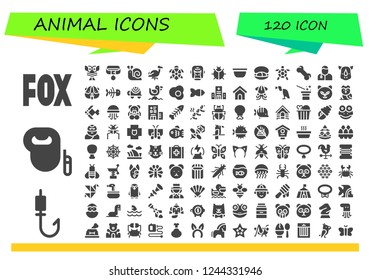Vector icons pack of 120 filled animal icons. Simple modern icons about  - Fox, Fishing rod, Leash dog, Lobster, Collar, Snail, Flamingo, Turtle, Gorilla, Ladybug, Bowl, Mussel, Bone, Veterinarian