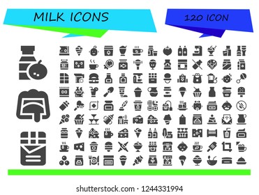 Vector icons pack of 120 filled milk icons. Simple modern icons about  - Juice, Chocolate, Cheese, Ice cream, Baby, Tea bag, Milkshake, Tea, Diary product, Coconut, Sauces, Coffee machine