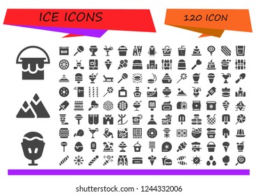 Vector icons pack of 120 filled ice icons. Simple modern icons about  - Bucket, Sundae, Mountain, Bar, Lollipop, Brandy, Cocktail, Flippers, Penguin, Soda, Creme caramel, Candy, Hotdog