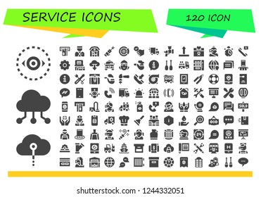 Vector icons pack of 120 filled service icons. Simple modern icons about  - Vision, Cloud computing, Atm, Bellboy, Warehouse, Laser pen, Brake disc, Satisfied, Delivery truck, Airbrush
