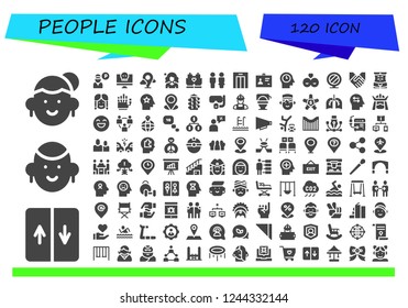 Vector icons pack of 120 filled people icons. Simple modern icons about  - Avatar, Elevator, Guard, Virus, Placeholder, Influencer, Hands, Toilet, Lift, ID, Mind, Friends, Mirror, Handshake