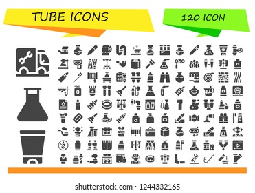 Vector icons pack of 120 filled tube icons. Simple modern icons about  - Plumber, Gel, Flask, Toothbrush, Eyedropper, Toilet paper, Pipe, Test tube, Science, Eye dropper, Sun cream, Snorkel