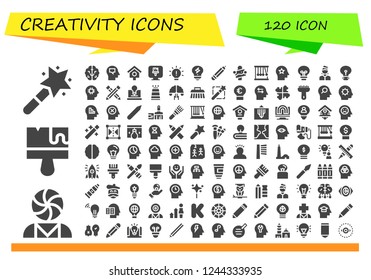 Vector icons pack of 120 filled creativity icons. Simple modern icons about  - Magic wand, Psychology, Brush, Brain, Mind, Bird house, Paint brush, Idea, Creativity, Pencil, Artist, Momentum