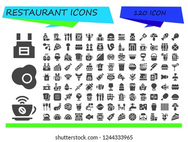 Vector icons pack of 120 filled restaurant icons. Simple modern icons about  - Apron, Coffee, Egg, Rum, Croissant, Cutlery, Lobster, Bartender, Food, Soup, Mustard, Spatula, Mushroom, Fish