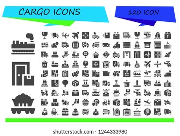 Vector icons pack of 120 filled cargo icons. Simple modern icons about  - Cargo, Wagon, Box, Fragile, Delivery truck, Aeroplane, Plane, Move, Van, Delivery, Shipping, Helicopter, Cargo ship