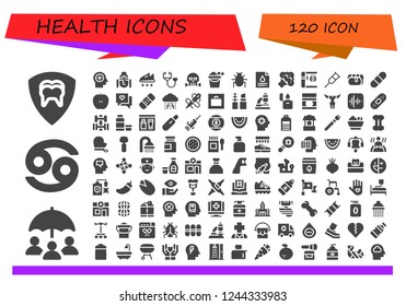 Vector icons pack of 120 filled health icons. Simple modern icons about  - Dental, Insurance, Cancer, Mind, Buddha, Sport shoe, Stethoscope, Skull, Bucket, Parasite, Blood test, Broccoli