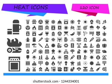 Vector icons pack of 120 filled heat icons. Simple modern icons about  - Thermo, Match, Campfire, Torch, Grill, Radiation, Oven, Sun, Beanie, Matches, Global warming, Fire, Fan, Matchbox