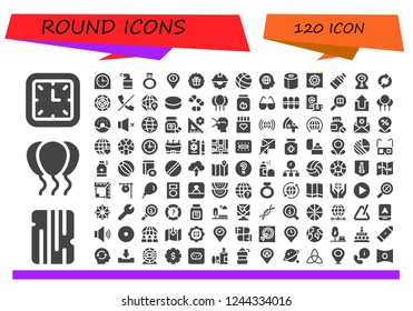 Vector icons pack of 120 filled round icons. Simple modern icons about  - Wall clock, Wood, Balloons, Clock, Spray, Ring, Placeholder, Sticker, Cogwheel, Earth globe, Global, Toilet paper