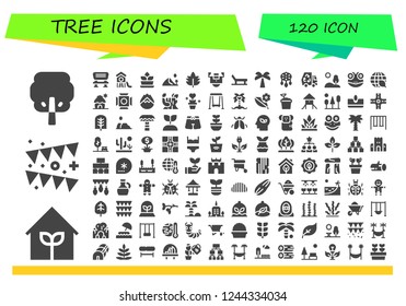Vector icons pack of 120 filled tree icons. Simple modern icons about  - Tree, Garden, Garland, Bench, Park, Fern, Dune, Leaf, Field, Beach, Palm tree, Ornament, Eco, Hill, Frog, Ecology