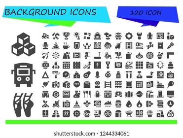 Paquete de iconos vectoriales de 120 iconos de fondo rellenos. Iconos modernos sencillos sobre - Cubo, Ballet, Bus, Forklift, Tijeras, Trofeo, Idea, Talk, Post office, Bonsai, Pagoda, Settings, Makeup, Mirror