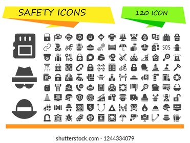 Vector icons pack of 120 filled safety icons. Simple modern icons about  - Memory card, Hat, Hacker, Lock, Eye mask, Shield, Stop, Road sign, Bandit, Weapon, Helmet, Fire, Virus, Police station