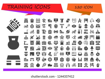 Vector icons pack of 120 filled training icons. Simple modern icons about  - Karate, Fitness step, Dumbbell, Punching bag, Classroom, Run, Shoe, Presentation, Kimono, Pom pom, Skip rope