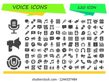 Vector icons pack of 120 filled voice icons. Simple modern icons about  - Microphone, Robot, Loudspeaker, Chat, Music, Speakers, Diapason, Volume, Jazz, Voice message, Instrument, Phone call