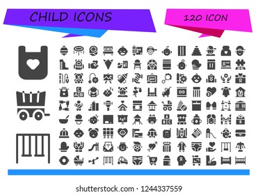 Vector icons pack of 120 filled child icons. Simple modern icons about  - Bib, Swings, Carriage, Spinning top, Trampoline, Baby, Double bed, Drawing, Baby boy, Inflatable, Toy, Boy, Pregnancy