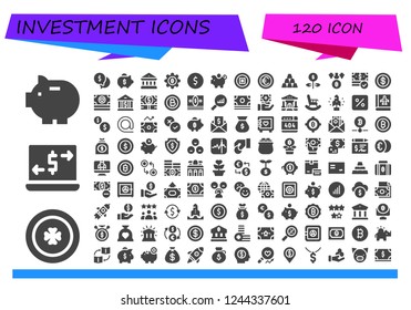 Vector icons pack of 120 filled investment icons. Simple modern icons about  - Piggy bank, Coin, Money transfer, Money, Bank, Bitcoin, Ingot, Growth, Statistics, Retirement, Startup, Percentage