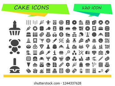 Vector icons pack of 120 filled cake icons. Simple modern icons about  - Cupcake, Cake pop, Gummy bear, Candy, Confetti, Gingerbread, Chocolate, Cinnamon roll, Invitation, Donut, Cake, Food