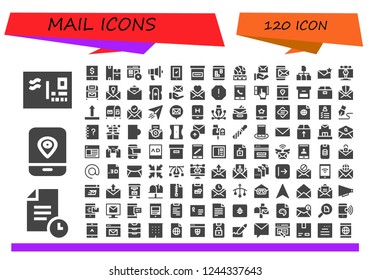 Vector icons pack of 120 filled mail icons. Simple modern icons about  - Envelope, File, Mobile, Smartphone, Boxes, Web, Communication, Box, Www, Mail, Email, Vector, Postbox, Invitation