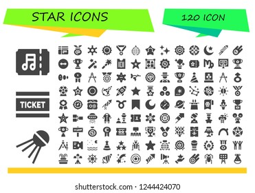 Vector icons pack of 120 filled star icons. Simple modern icons about  - Ticket, Sputnik, Tickets, Medal, Sheriff, Sea urchin, Mirror ball, Star, Stars, Favorite, Compass, Night, Fireworks