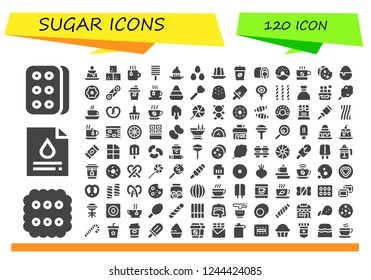 Vector icons pack of 120 filled sugar icons. Simple modern icons about  - Biscuit, Blood test, Creme caramel, Sugar cube, Tea, Popsicle, Cupcake, Candies, Jelly, Coffee, Snack cake, Donut