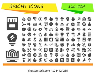 Vector icons pack of 120 filled bright icons. Simple modern icons about  - Matches, Creativity, Drop, Color wheel, Lights, Flash, Idea, Apple, Torch, Sparkler, Palette, Blood, Volume, Letter