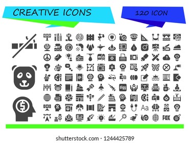 Vector icons pack of 120 filled creative icons. Simple modern icons about  - No smoking, Mind, Panda bear, Illumination, Web design, Cobra, Maze, Fence, Stork, Plug, Snail, Soup, Ruler