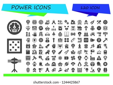 Vector icons pack of 120 filled power icons. Simple modern icons about  - Tachometer, Cymbals, Chess board, Idea, Barrel, Voltmeter, Motorbike, Pliers, Derrick, Cogwheel, Nuclear plant