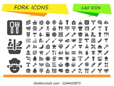 Vector icons pack of 120 filled fork icons. Simple modern icons about  - Restaurant, Chef, Picnic, Menu, Canteen, Farmer, Spatula, Garden, Meal, Sausage, Steak, Forklift, Saddle, Grill