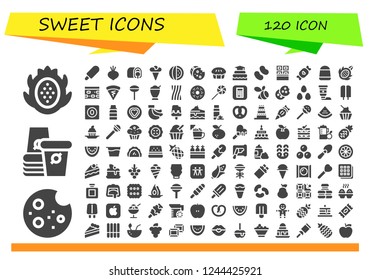 Vector icons pack of 120 filled sweet icons. Simple modern icons about  - Dragon fruit, Cookie, Paper cup, Ice cream, Beet, Snack cake, Watermelon, Pie, Cake, Candy, Chocolate, Nougat, Crepe
