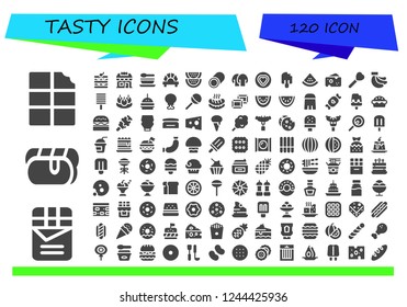 Vector icons pack of 120 filled tasty icons. Simple modern icons about  - Chocolate, Hot dog, Waffle, Candy shop, Soup, Dumpling, Watermelon, Marshmallow, Mushroom, Candy, Popsicle, Cheese