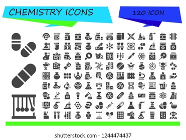 Vector icons pack of 120 filled chemistry icons. Simple modern icons about  - Pills, Momentum, Pill, Scientist, Medicine, Vitamins, Love potion, Bandages, Calcium, Flask, Proteins, Radiator