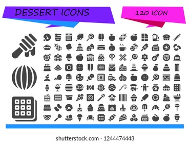 Vector icons pack of 120 filled dessert icons. Simple modern icons about  - Honey, Waffle, Candy, Cookie, Ice cream, Treats, Cotton candy, Lollipop, Popsicle, Apple, Pineapple, Chocolate