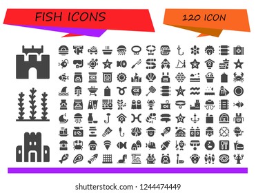 Vector icons pack of 120 filled fish icons. Simple modern icons about  - Sand castle, Seaweed, Dish, Fish, Turtle, Cat, Medusa, Collar, Hook, Hedgehog, Ribs, Veterinary, Anglerfish, Dive