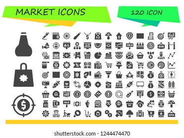 Vector icons pack of 120 filled market icons. Simple modern icons about  - Oil, Target, Shopping bag, Signing, Wallet, Courgette, Dollar, Eco bag, Mushroom, Sales, Money, Sale, Shopping center
