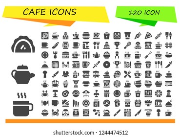 Vector icons pack of 120 filled cafe icons. Simple modern icons about  - Pastry, Coffee, Tea pot, Pizza, Barista, Teapot, Macaron, Tea time, French fries, Pastry bag, Knife, Utensils, Coffee cup