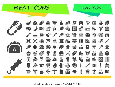 Vector icons pack of 120 filled meat icons. Simple modern icons about  - Tongs, Brochette, Taco, Shrimp, Samosa, Hot dog, Grinder, Custard, Chicken, Onigiri, Dumpling, Ostrich, Pie, Chick