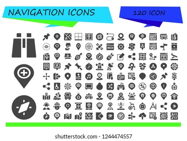 Vector icons pack of 120 filled navigation icons. Simple modern icons about  - Binoculars, Compass, Placeholder, Pin, Map, Bottom, Gps, Loop, Route, Location, Arroba, Traffic, Bus, Menu