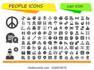 Vector icons pack of 120 filled people icons. Simple modern icons about  - Peace, Add user, Conversation, Solidarity, Interview, Avatar, Priest, Exercise, Connection, Mirror, Hospital, Bow tie