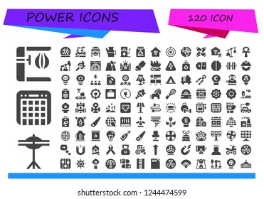 Vector icons pack of 120 filled power icons. Simple modern icons about  - Punching bag, Cymbals, Mixer, Plasma ball, Industry, Fan, Oil, Gas station, Coal, Smart house, Atom, Geothermal