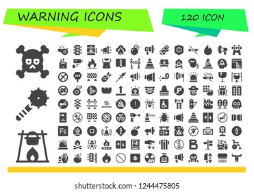 Vector icons pack of 120 filled warning icons. Simple modern icons about  - Skull, Bonfire, Weapon, Whistle, Traffic light, Elevator, Megaphone, Dangerous, Bomb, Safety glasses, Warning
