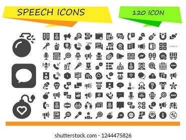 Vector icons pack of 120 filled speech icons. Simple modern icons about  - Bomb, Message, Speakers, Speaker, Loudspeaker, Information, Comments, Info, Discussion, Chat, Question, Content