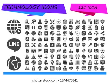 Vector icons pack of 120 filled technology icons. Simple modern icons about  - World, Line, Mp player, Mute, Flask, Light, Spotlight, Vision, Fingerprint, Binoculars, Rocket, Www, Password