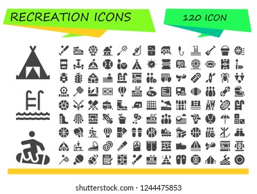 Vector icons pack of 120 filled recreation icons. Simple modern icons about  - Tent, Snowboard, Swim, Baseball, Shoe, Ferris wheel, Cabin, Racket, Hunting, Dominoes, Caravan, Fishing rod