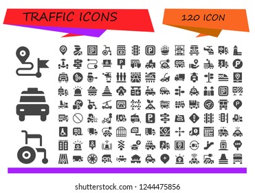 Vector icons pack of 120 filled traffic icons. Simple modern icons about  - Direction, Wheelchair, Taxi, Parking sign, Accident, Parking, Jam, Traffic light, Gauntlet, Parkings, Van, Helicopter