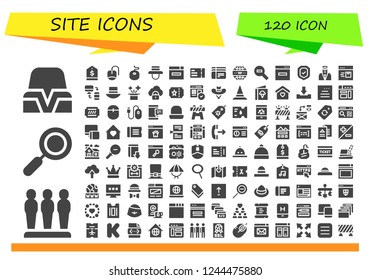 Vector icons pack of 120 filled site icons. Simple modern icons about  - Hat, Barrier, Zoom, Tag, Mouse, Browser, Plane ticket, Tickets, Internet, Zoom out, Security, Responsive, Ticket
