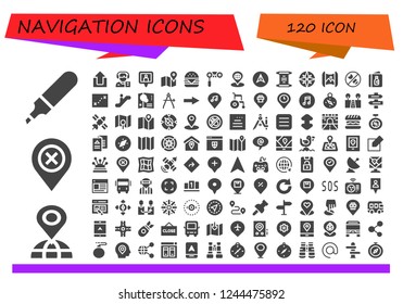 Vector icons pack of 120 filled navigation icons. Simple modern icons about  - Marker, Placeholder, Location, Upload, Reporter, Location pin, Map, Hamburger, Binoculars, Navigation, Scroll