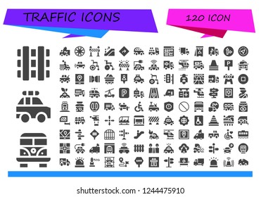 Vector icons pack of 120 filled traffic icons. Simple modern icons about  - Railway, Van, Police car, Spoke wheel, Barrier, Escalator, Direction, Car, Truck, Traffic, Delivery truck, Danger